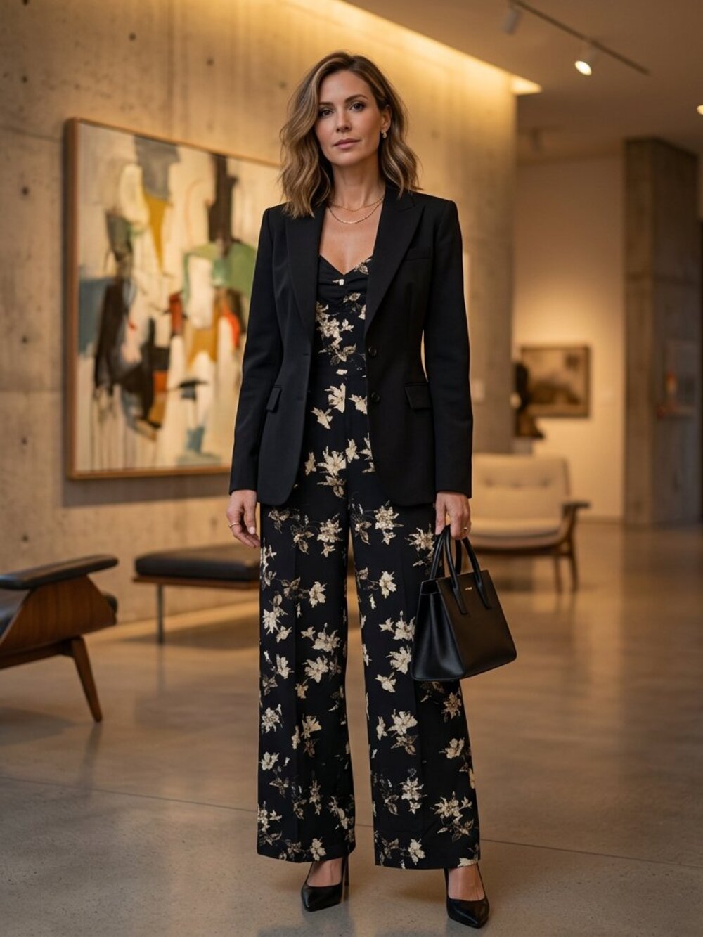 Chelsea28 Floral Wide Leg Jumpsuit Black Small Cap Sleeve As-is